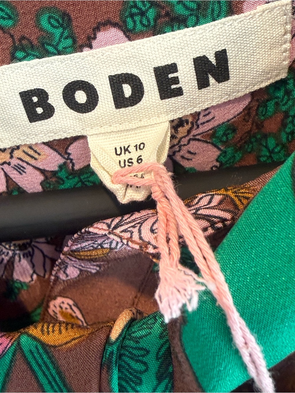 Boden Brown Floral Tie-Neck Blouse with Green and Pink Accents - Picture 2 of 4